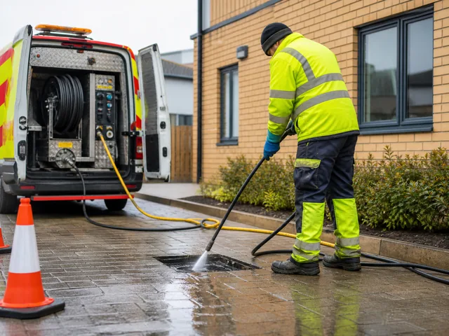 Illustrative image of high-pressure drain jetting at a managed property